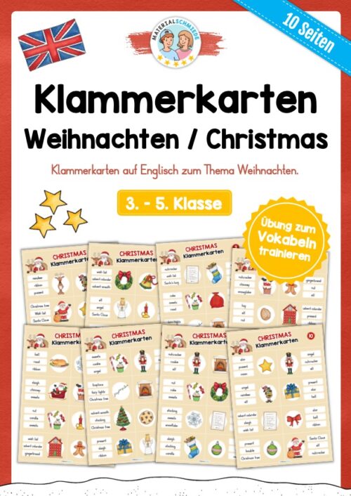 Weihnachten / Christmas: Klammerkarten auf Englisch (10 Seiten)