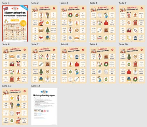 Weihnachten / Christmas: Klammerkarten auf Englisch (Überblick)