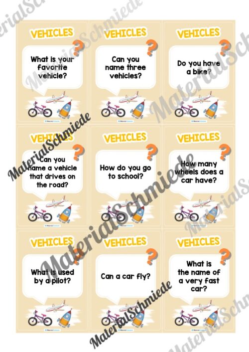 Fahrzeuge / Vehicles: Plauderkarten auf Englisch (Arbeitsblatt 01)