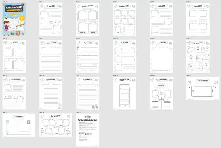 Sommerferien Materialpaket (20 Arbeitsblätter) – Überblick