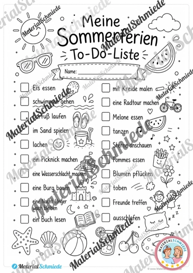 Kostenlose ToDo-Liste für die Sommerferien (Vorschau Arbeitsblatt)