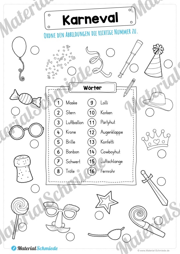 16 Abbildungen zum Fasching / Karneval zuordnen (Vorschau 02)