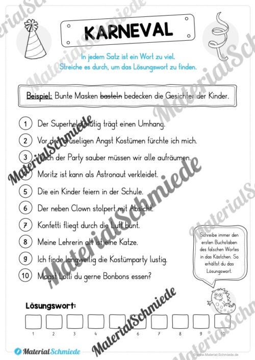 Leseübung Fasching/Karneval: Ein Wort zu viel (Arbeitsblatt 02)