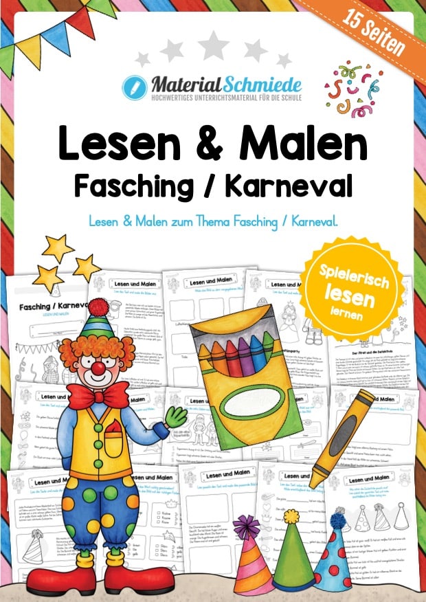 Lesen & Malen zum Fasching / Karneval (15 Arbeitsblätter)