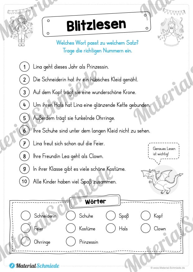 10 Leseübungen zum Fasching / Karneval (Blitzlesen)