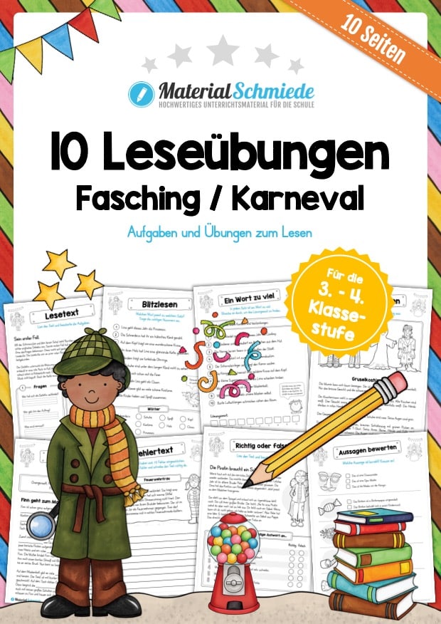 10 Leseübungen zum Fasching / Karneval (mit Aufgaben)