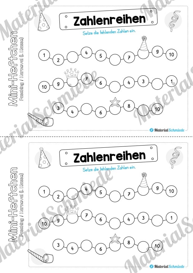 Mini-Heft: Fasching / Karneval für die 1. Klasse (Zahlenreihen)