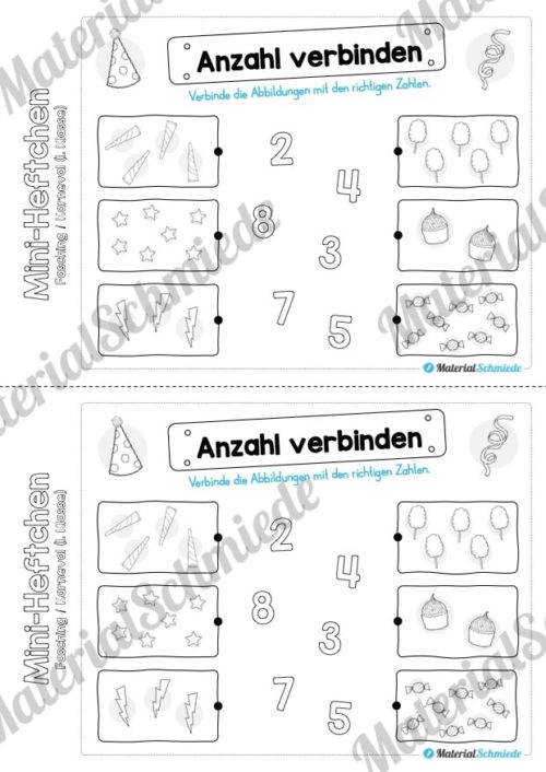 Mini-Heft: Fasching / Karneval für die 1. Klasse (Anzahl verbinden)