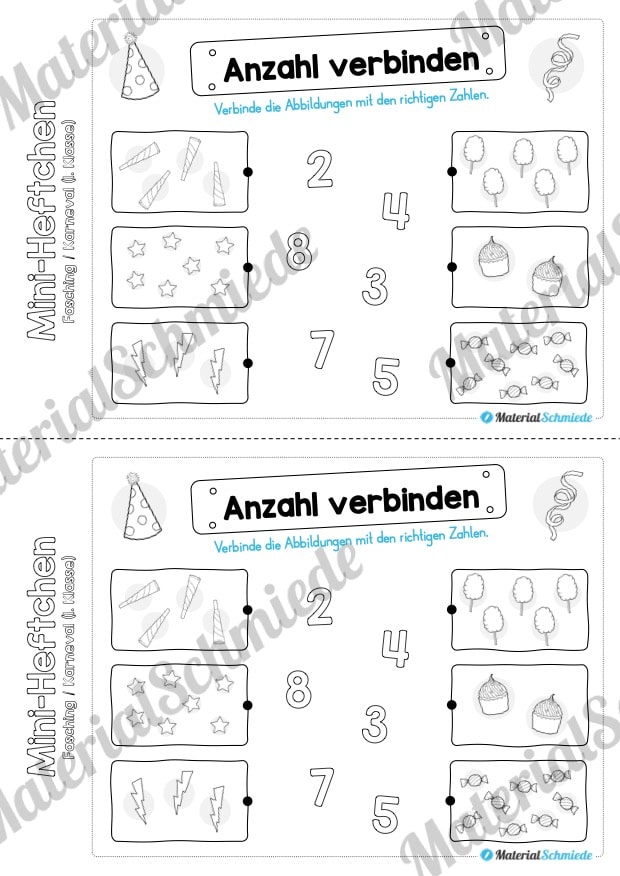 Mini-Heft: Fasching / Karneval für die 1. Klasse (Anzahl verbinden)