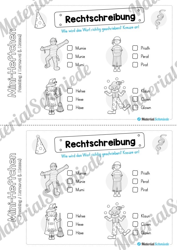 Mini-Heft: Fasching / Karneval für die 1. Klasse (Rechtschreibung)