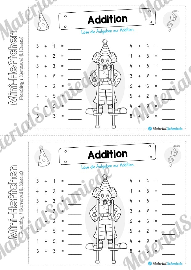 Mini-Heft: Fasching / Karneval für die 1. Klasse (Addition)