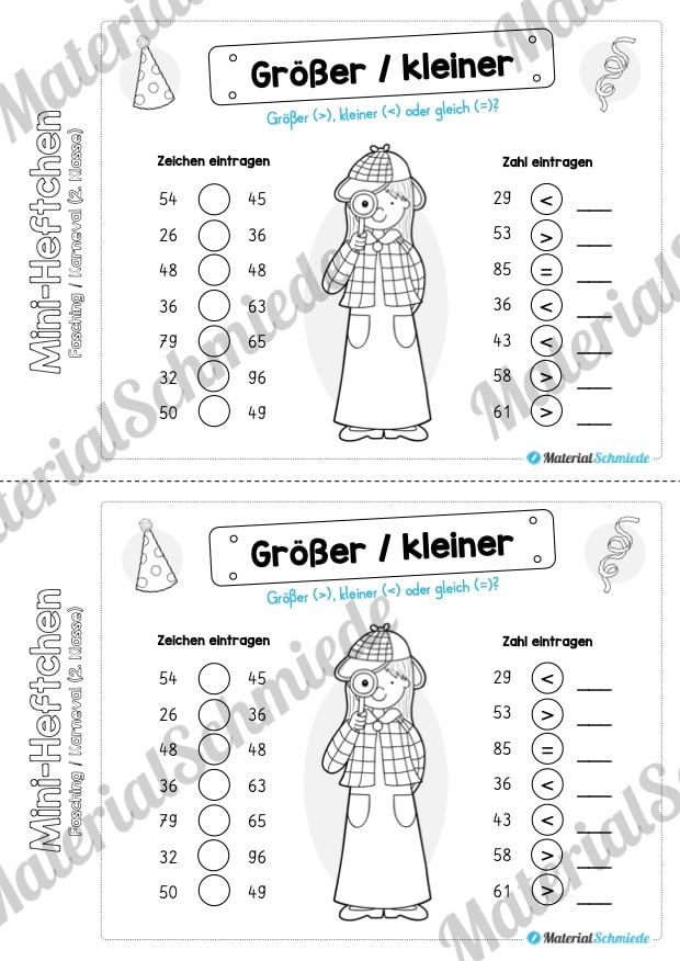 Mini-Heft: Fasching / Karneval für die 2. Klasse (Größer / kleiner)