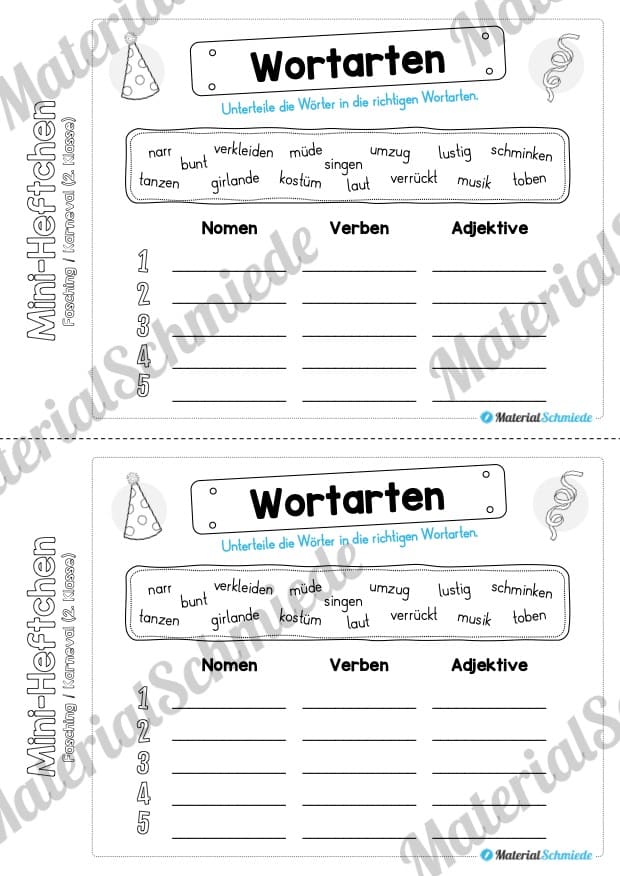 Mini-Heft: Fasching / Karneval für die 2. Klasse (Wortarten unterteilen)