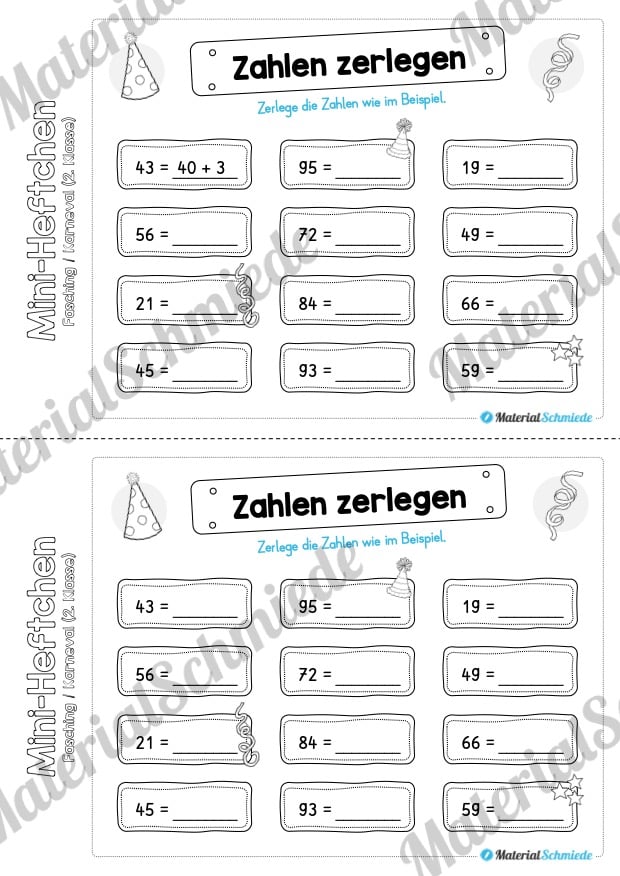 Mini-Heft: Fasching / Karneval für die 2. Klasse (Zahlen zerlegen)