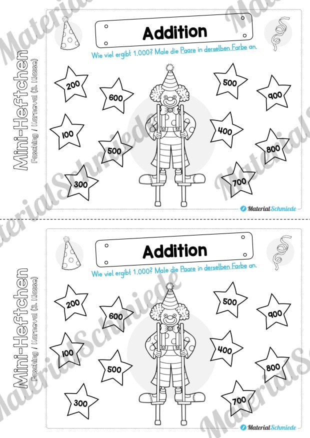 Mini-Heft: Fasching / Karneval für die 3. Klasse (Addition Paare finden)