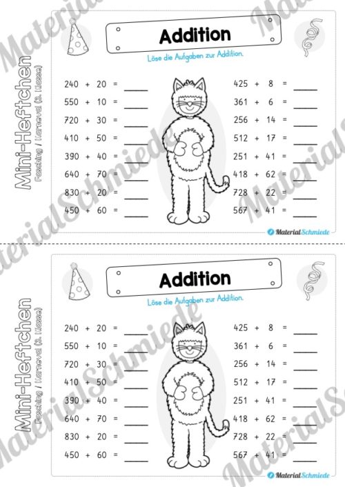 Mini-Heft: Fasching / Karneval für die 3. Klasse (Addition bis 1.000)