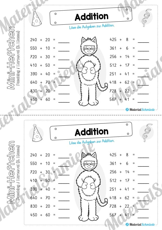 Mini-Heft: Fasching / Karneval für die 3. Klasse (Addition bis 1.000)