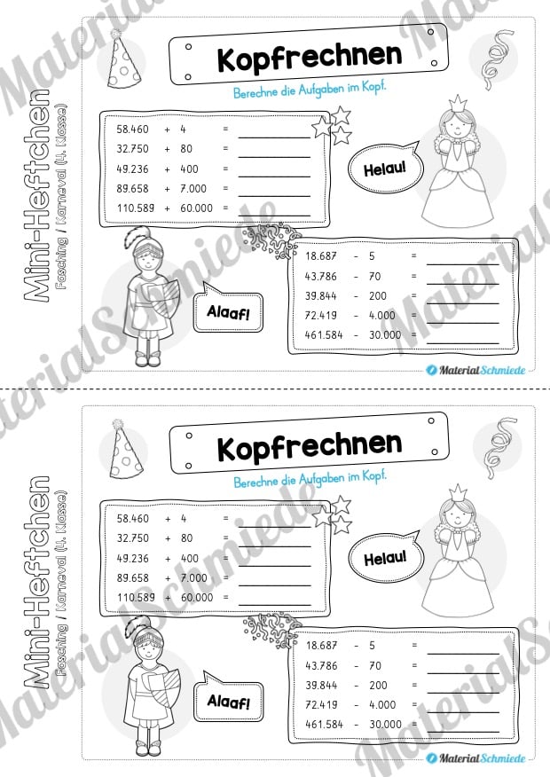 Mini-Heft: Fasching / Karneval für die 4. Klasse (Kopfrechnen)