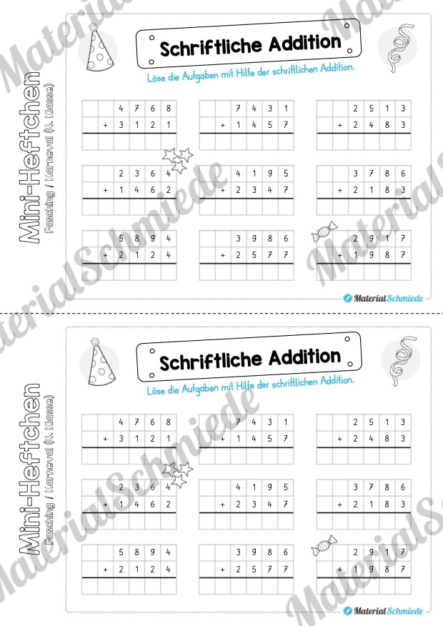 Mini-Heft: Fasching / Karneval für die 4. Klasse (Schriftliche Addition)