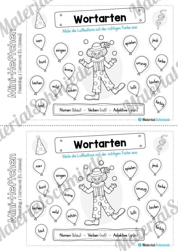 Mini-Heft: Fasching / Karneval für die 4. Klasse (Wortarten unterscheiden)