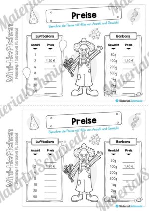 Mini-Heft: Fasching / Karneval für die 4. Klasse (Preise berechnen)