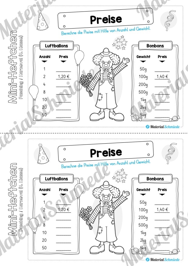 Mini-Heft: Fasching / Karneval für die 4. Klasse (Preise berechnen)