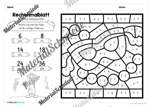 8 Rechenmalblätter Fasching/Karneval: Kleines Einmaleins (Arbeitsblatt 02)