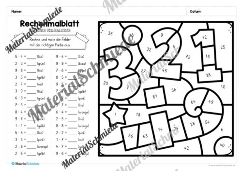 8 Rechenmalblätter Fasching/Karneval: Kleines Einmaleins (Arbeitsblatt 04)