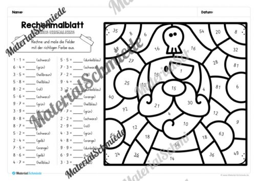 8 Rechenmalblätter Fasching/Karneval: Kleines Einmaleins (Arbeitsblatt 05)