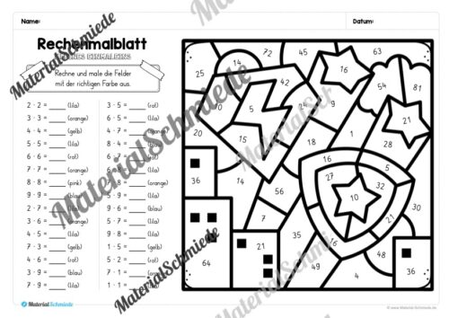 8 Rechenmalblätter Fasching/Karneval: Kleines Einmaleins (Arbeitsblatt 08)