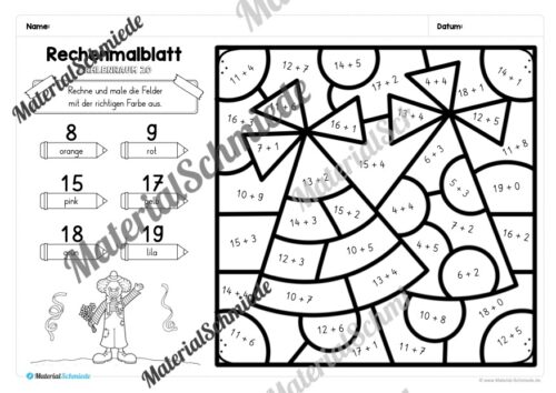 8 Rechenmalblätter Fasching/Karneval: Zahlenraum 20 (Arbeitsblatt 01)