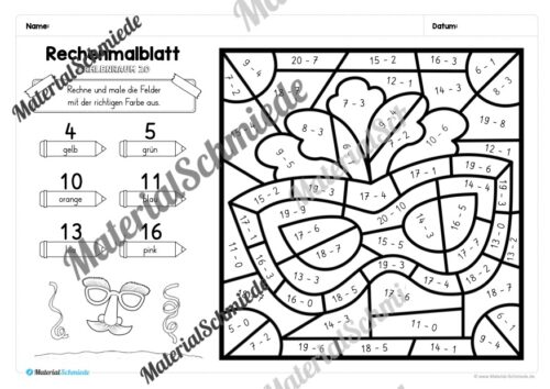 8 Rechenmalblätter Fasching/Karneval: Zahlenraum 20 (Arbeitsblatt 03)