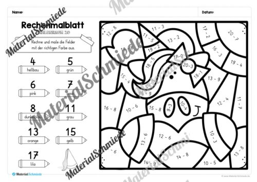 8 Rechenmalblätter Fasching/Karneval: Zahlenraum 20 (Arbeitsblatt 04)