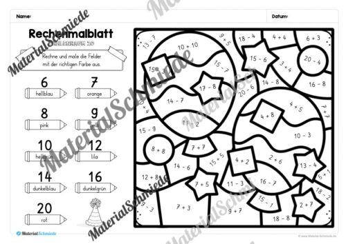 8 Rechenmalblätter Fasching/Karneval: Zahlenraum 20 (Arbeitsblatt 05)