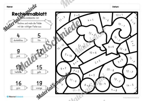 8 Rechenmalblätter Fasching/Karneval: Zahlenraum 20 (Arbeitsblatt 06)