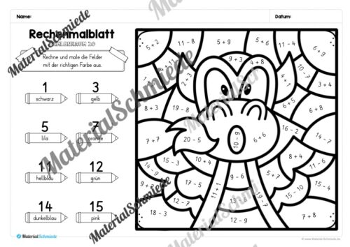 8 Rechenmalblätter Fasching/Karneval: Zahlenraum 20 (Arbeitsblatt 07)