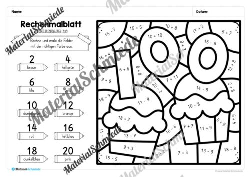 8 Rechenmalblätter Fasching/Karneval: Zahlenraum 20 (Arbeitsblatt 08)