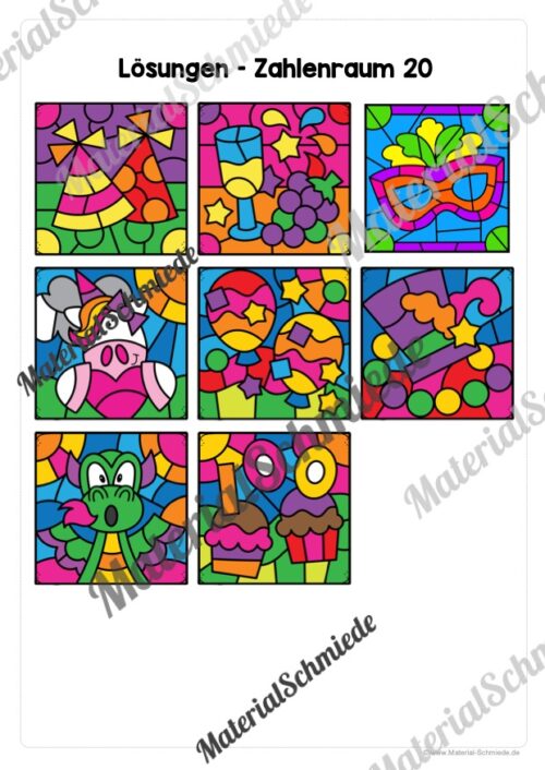 8 Rechenmalblätter Fasching/Karneval: Zahlenraum 20 (Lösungen)