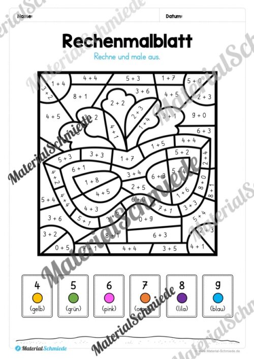 Rechenmalblätter Fasching / Karneval: Zahlenraum 10 (Vorschau 03)