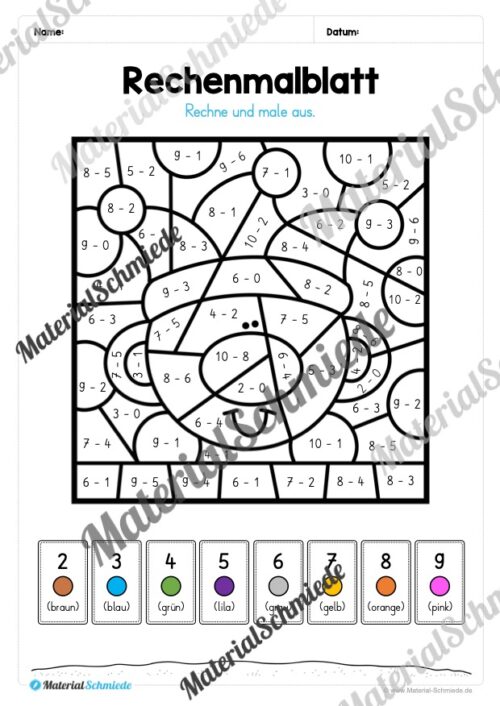 Rechenmalblätter Fasching / Karneval: Zahlenraum 10 (Vorschau 05)