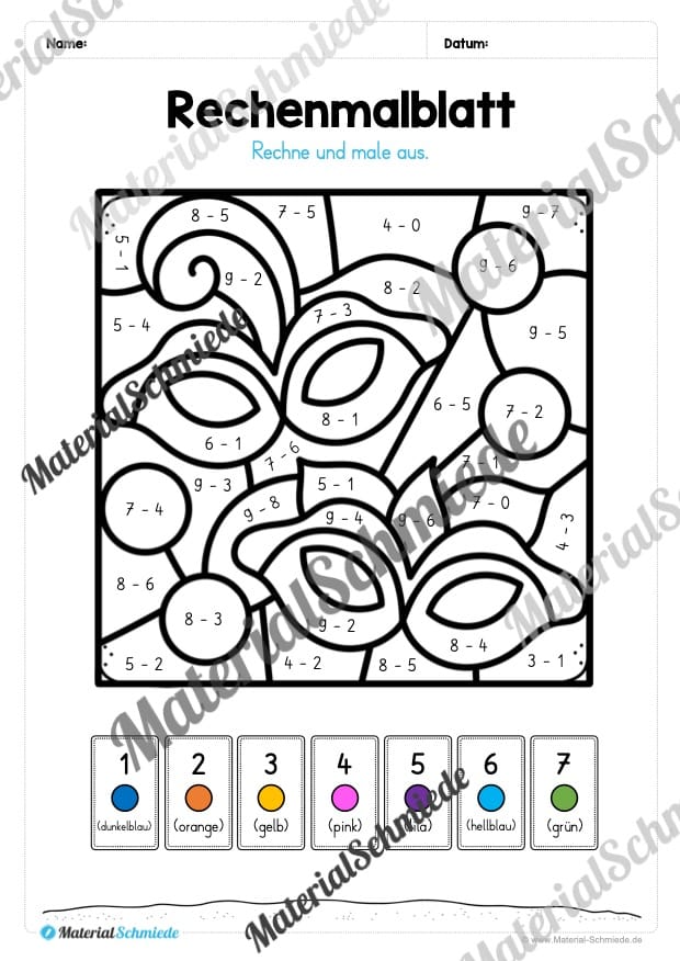 Rechenmalblätter Fasching / Karneval: Zahlenraum 10 (Vorschau 06)