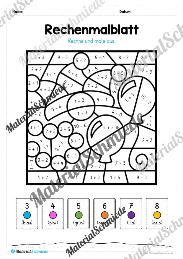 Rechenmalblätter Fasching / Karneval: Zahlenraum 10 (Vorschau 08)