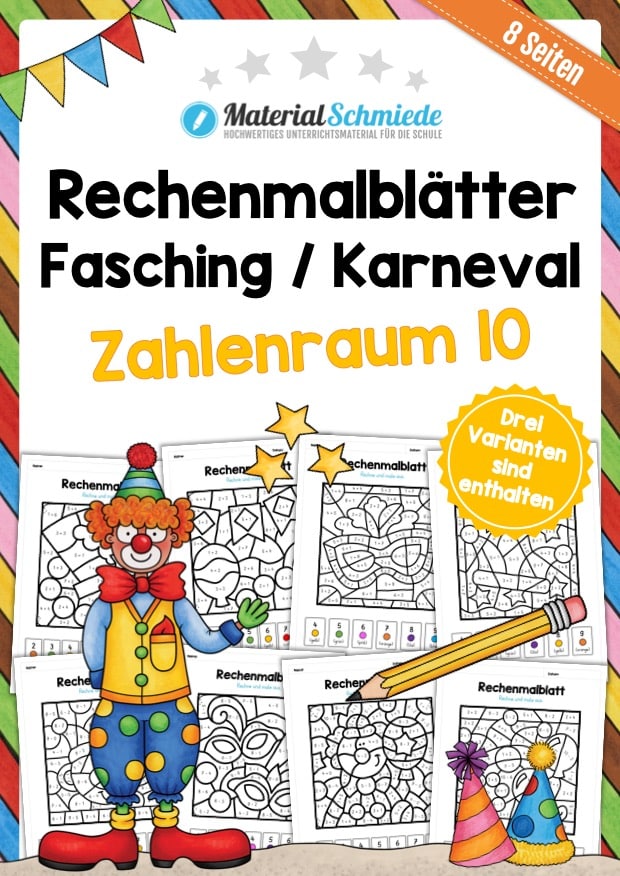 Rechenmalblätter Fasching / Karneval: Zahlenraum 10
