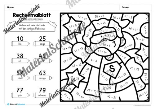 8 Rechenmalblätter Fasching/Karneval: Zahlenraum 100 (Arbeitsblatt 01)