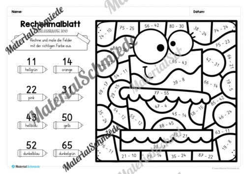 8 Rechenmalblätter Fasching/Karneval: Zahlenraum 100 (Arbeitsblatt 03)
