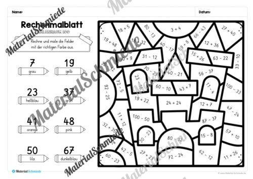 8 Rechenmalblätter Fasching/Karneval: Zahlenraum 100 (Arbeitsblatt 05)