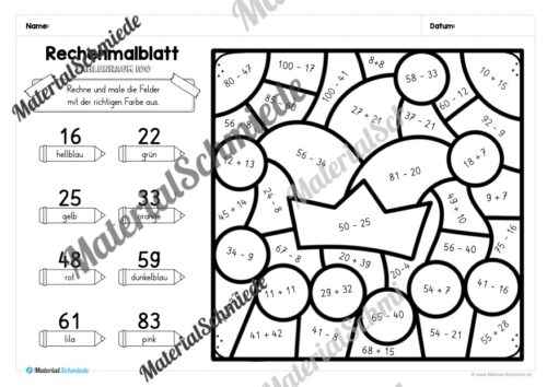 8 Rechenmalblätter Fasching/Karneval: Zahlenraum 100 (Arbeitsblatt 06)