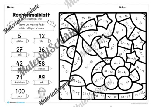 8 Rechenmalblätter Fasching/Karneval: Zahlenraum 100 (Arbeitsblatt 07)