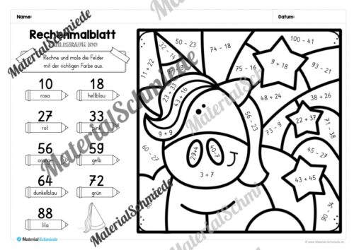 8 Rechenmalblätter Fasching/Karneval: Zahlenraum 100 (Arbeitsblatt 08)