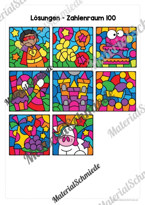 8 Rechenmalblätter Fasching/Karneval: Zahlenraum 100 (Arbeitsblatt 09)